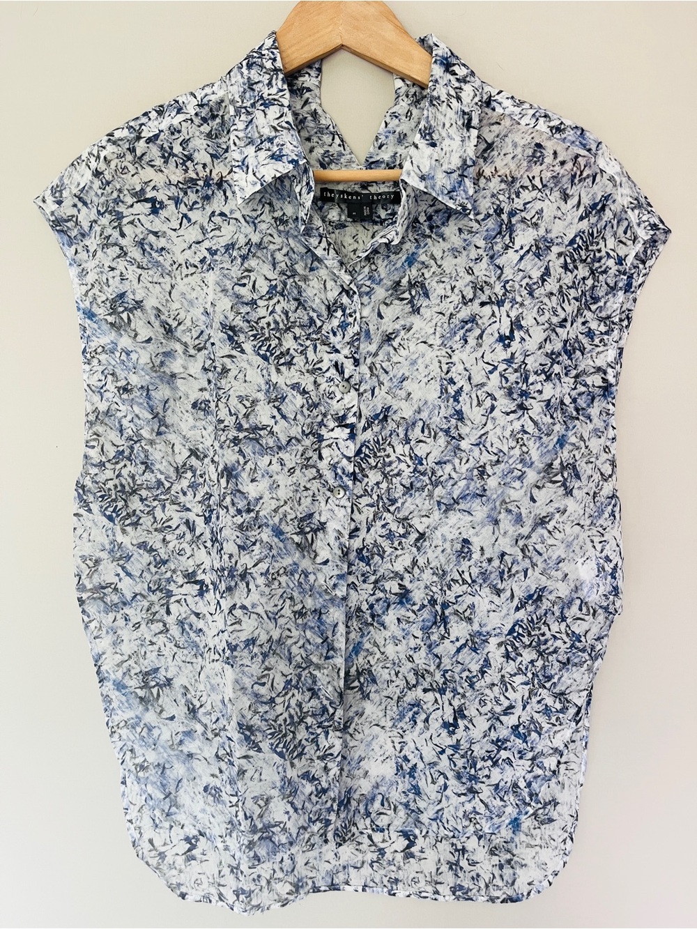 Theyskens' Theory Sheer Cotton Button Up Blouse Abstract Print Architectural Top